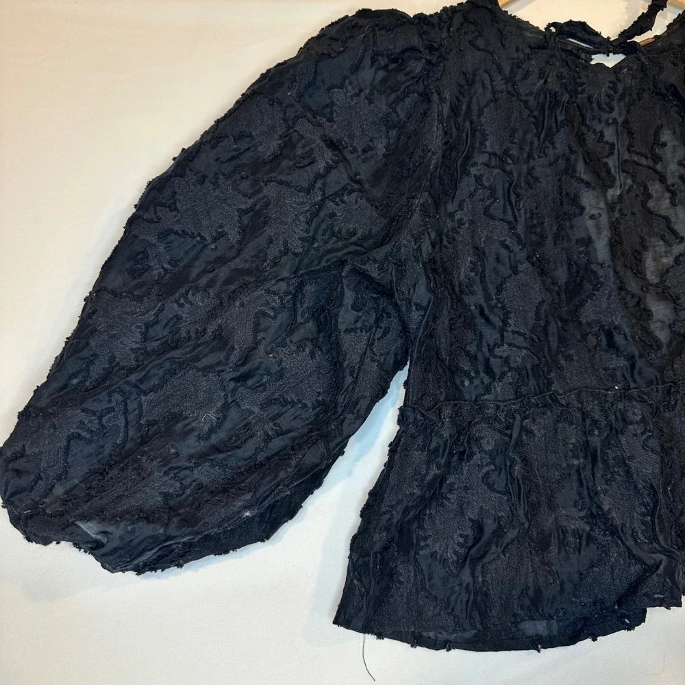 Free People Peplum Blouse Women Large Black Floral Textured Whimsigoth Fairycore